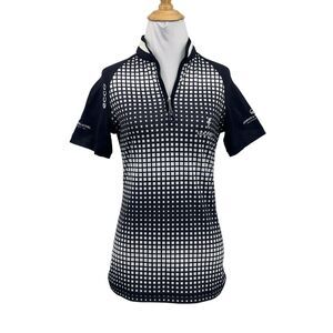Golfino Shirt Women 4 Navy White Check Mesh Back Quarter Zip Golf Polo Top *LOGO